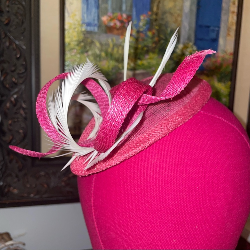 Kentucky Derby Pink Sinamay and white Feather Fascinator